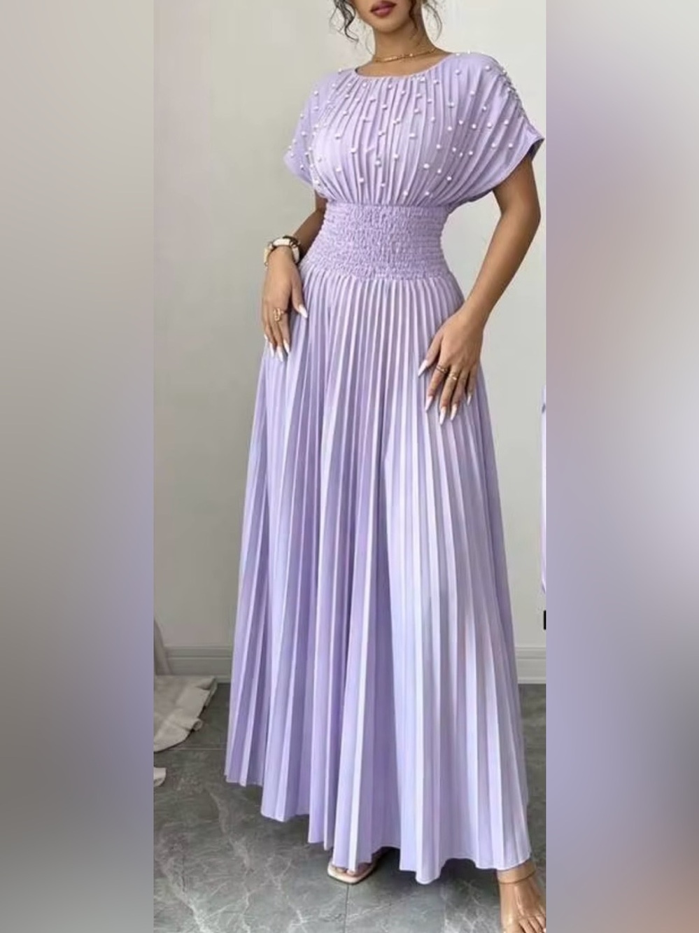Pleated Smocked Waist Maxi Dress in Lavender